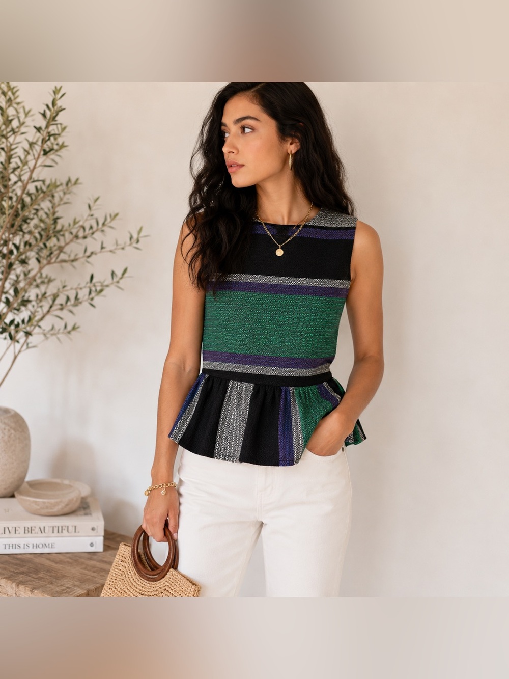 Corey Lynn Calter Textured Striped Peplum Top Size Small